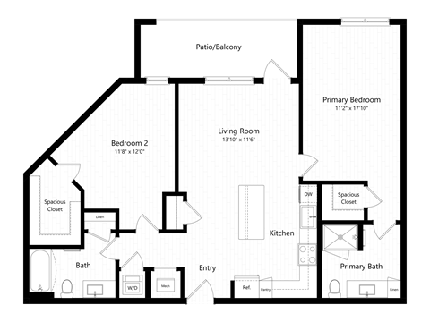 Floor plan for 2 beds, 2 baths, 1140 sqft